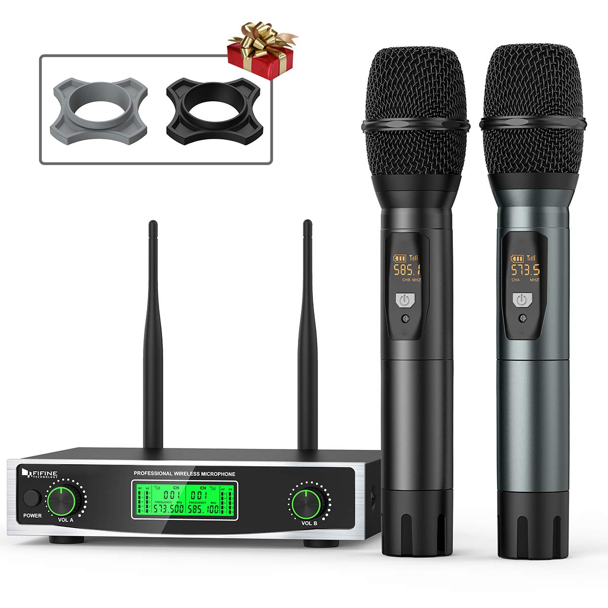 Fifine Wireless Microphone System, Two Handheld Dynamic Cordless Mic and Dual Channel Receiver, 50 Selectable UHF Frequenc...