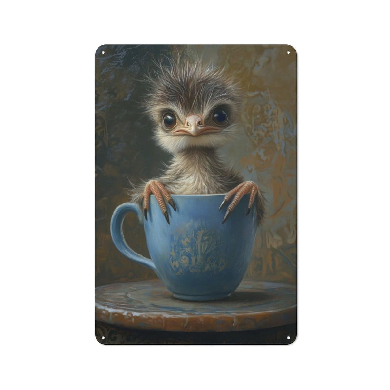 Junmoney Emu Chick In Teacup Tin Wall Plaque 30X20cm With For Pub Or Café, With Clear Vintage Wall Decor Character