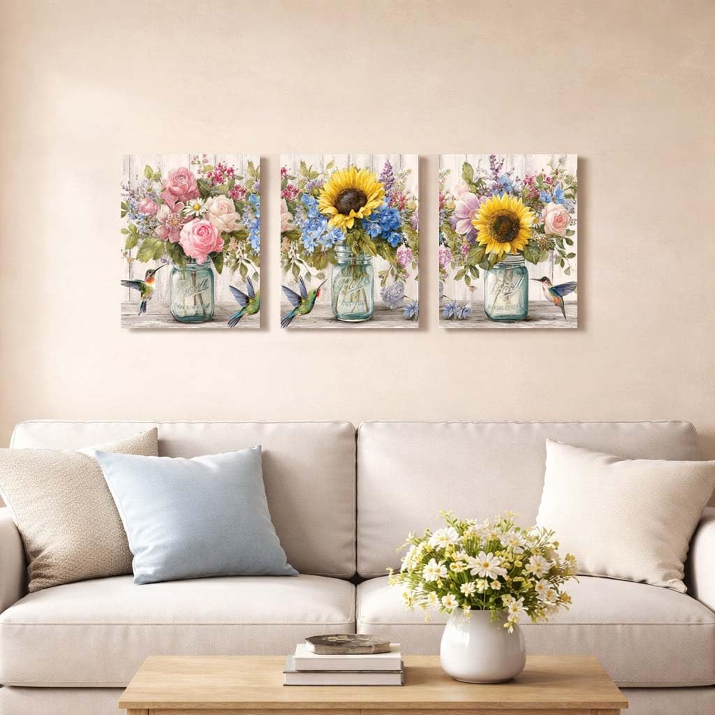 Artiluxy Floral Canvas Wall Art Set of 3, Vintage Flower in Glass Jars Botanical Prints, 12×16 Inch Ready to Hang Farmhouse Wall Decor for Living Room Bedroom Dining Room (Green)