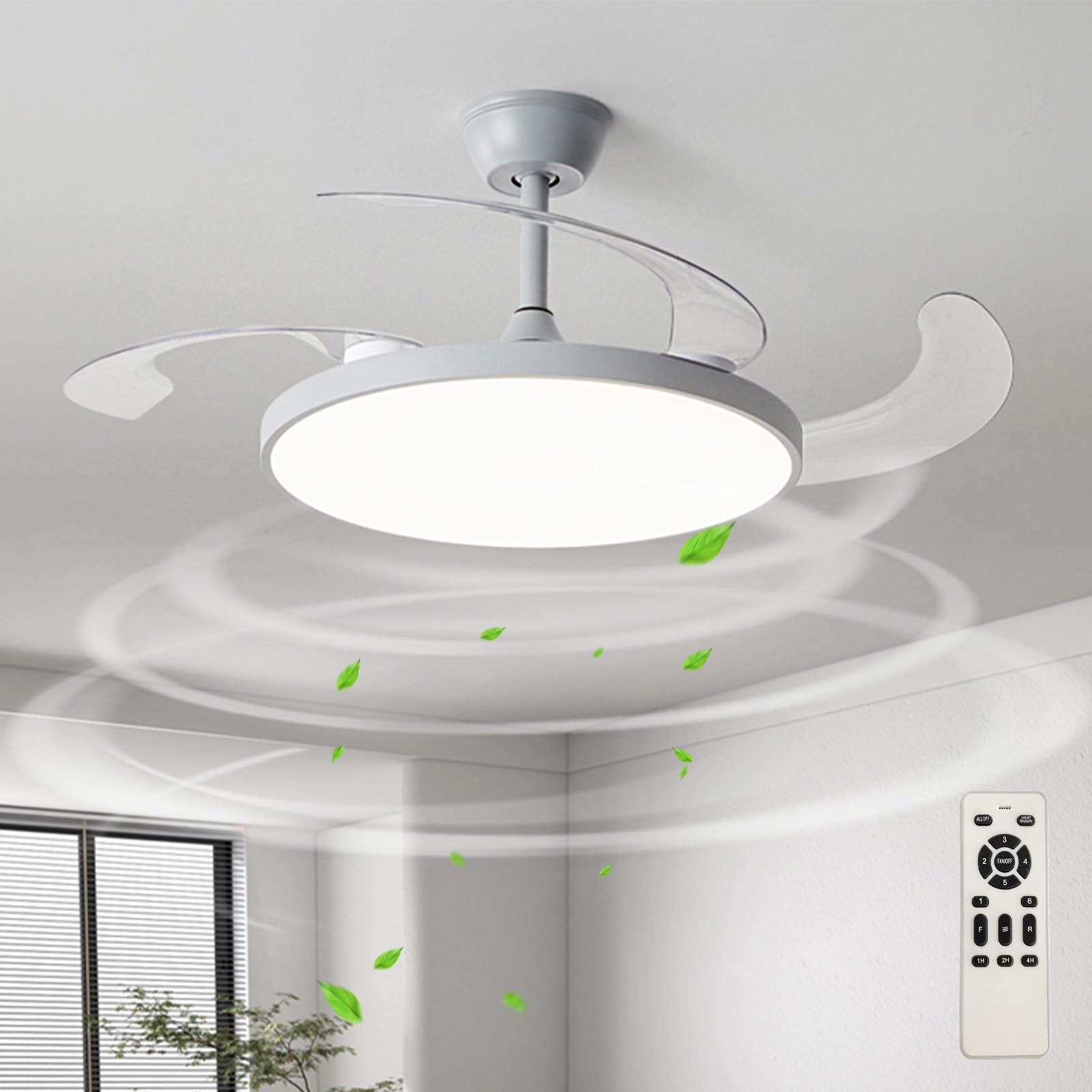 SXDMOUBK Modern Retractable Ceiling Fan with Light Remote Control Silent Operation Dimmable LED Reversible Blades 6 Speed Settings 108cm White Fixture