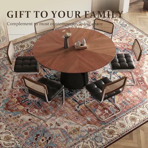 Deerly Large Washable Living Room Rugs 9x12 Boho Vintage Area Rug Indoor Bedroom Carpet with Non Slip Rubber Backing for Under Dining Table Office Farmhouse, Brickred/Multi