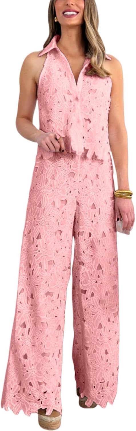 Women's Two-Piece Lapel Hollow Out Lace Vest Pants Set Floral Sleeveless Cropped Vest and Wide Leg Pants Suits