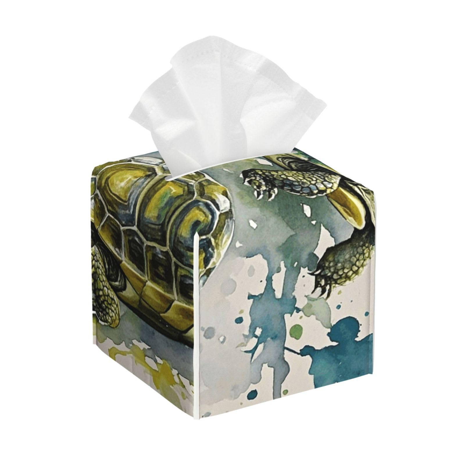 Pu Leather Cube Tissue Box Holders Modern Waterproof Square Tissue Box Cover Two Turtles Watercolor Splash Facial Paper Holder for Bathroom Kitchen Nightstand Office Home Decor