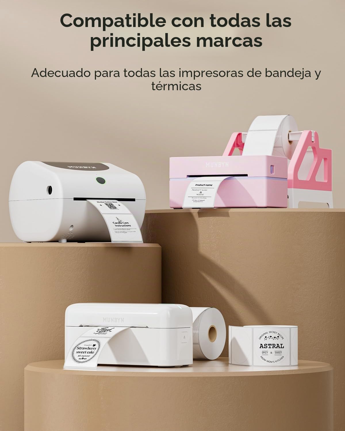 MUNBYN-750 etiquetas térmicas redondas, etiqueta térmica de 51mmx51mm redonda, pegatina autoadhesiva resistente a arañazos, agua, suciedad, polvo y grasa-Blanco