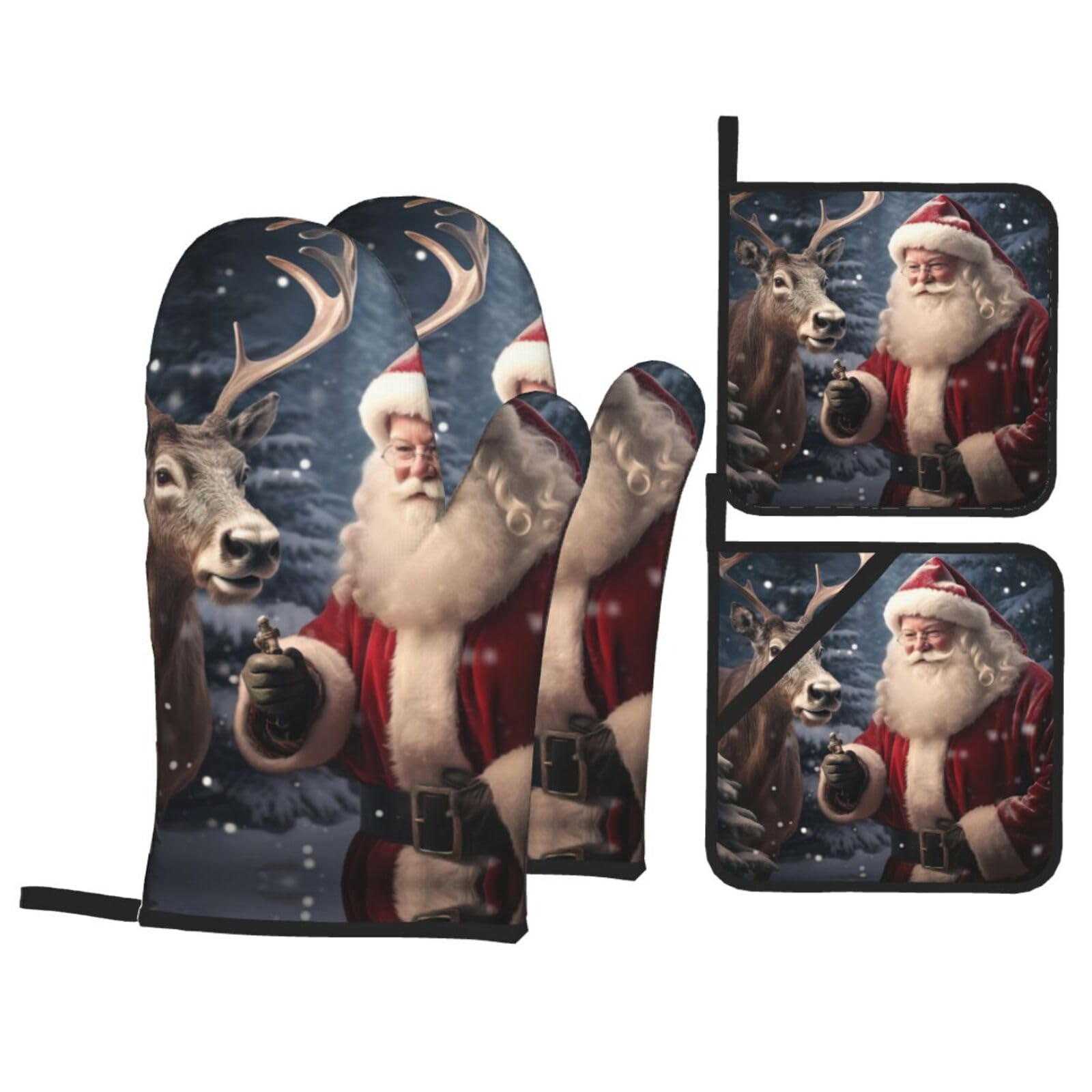 Christmas Santa Claus Print Stylish 4-Piece Microwaving Oven Waterproof Kitchen Gloves Baking Holiday Cooking