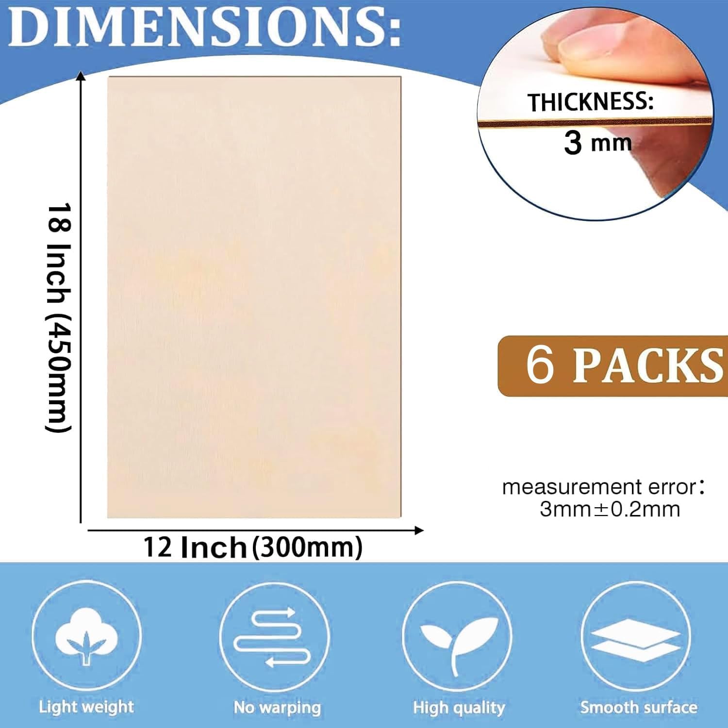 6 Pack Basswood Sheets for Crafts 12x18x1/8 Inch, 3mm Thick Unfinished Balsa Wood Sheet for Laser Cutting & Engraving, DIY Ornaments and Architectural Model