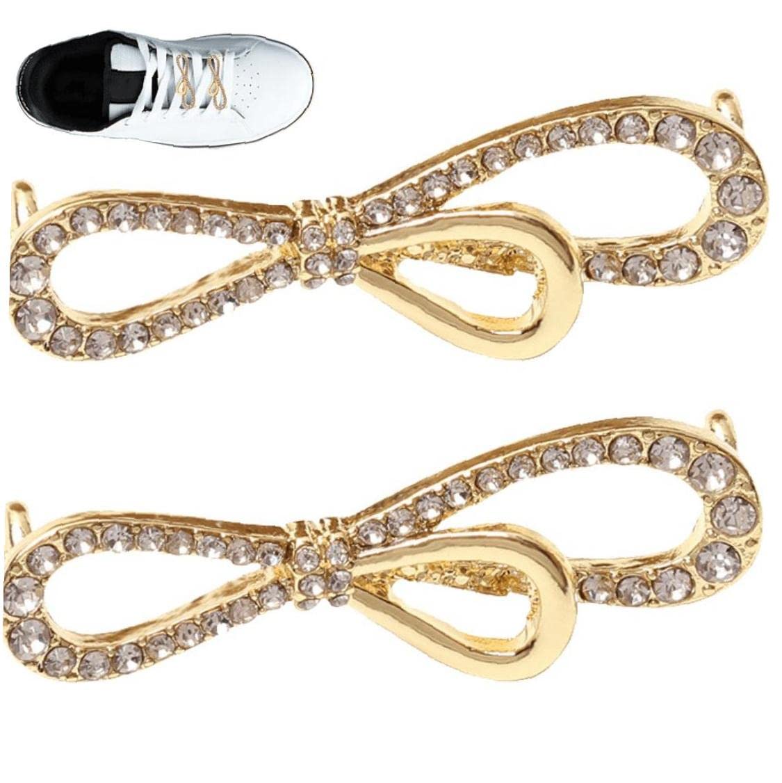 Danlai Girls Gold Bow 2Pcs Shoelaces Clips Decorations Charms Rhinestones Shoe Charms Jeweled Sneakers Gift Diy Lace Buckle Shoes Accesories