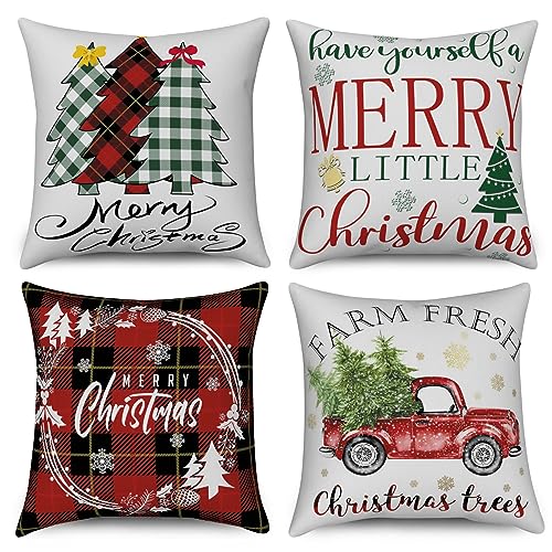 ASDCXZ Fundas de Cojines Navideños 40x40 cm Juego de 4, Feliz Navidad Árbol Camión Rojo Blanco Fundas de Cojines Decorativos para Sofá Fundas de Cojines Textiles de Lino de Poliéster Lavable