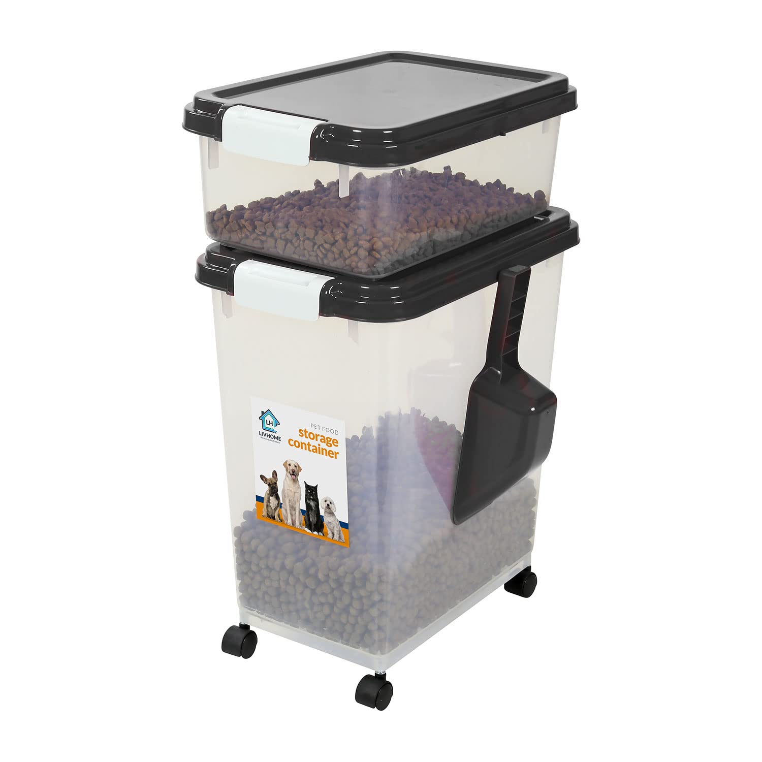 Livhome 3-Piece 50L Airtight Pet Food Storage Container Combo with Scoop and Treat Box for Dog Cat and Bird Food, Keep Pests Out, Translucent Body, Easy Mobility, Black — image 1