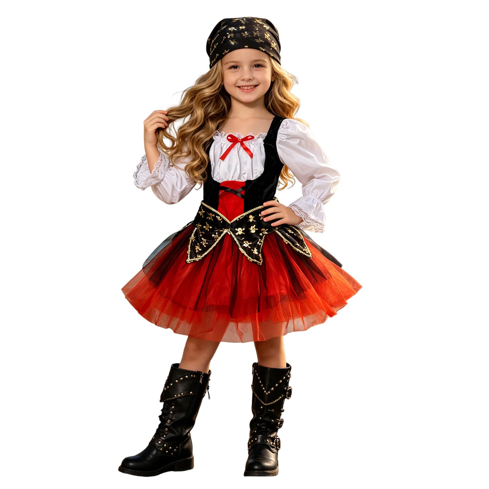 Girls Pretty Pirate Costume – Kids Deluxe Pirate Fancy Dress Outfit for World Book Day, Halloween & Parties (Red, 3-4 Years)