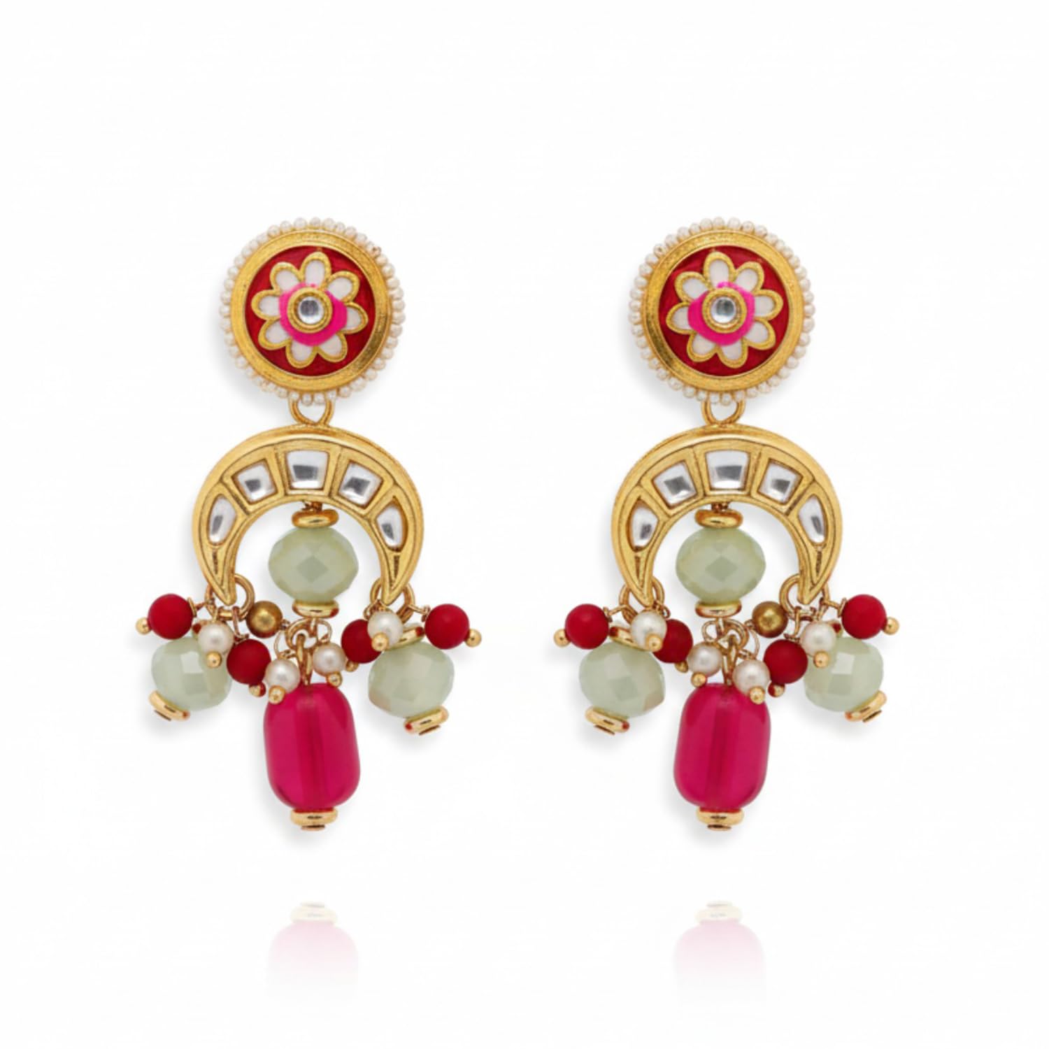 Kundan Earrings for Women | Gold & Red Dangler Earrings with Crescent Moon & Bead Accents | Ethnic Jewelry for Weddings, Festivals & Special Occasions-image-48