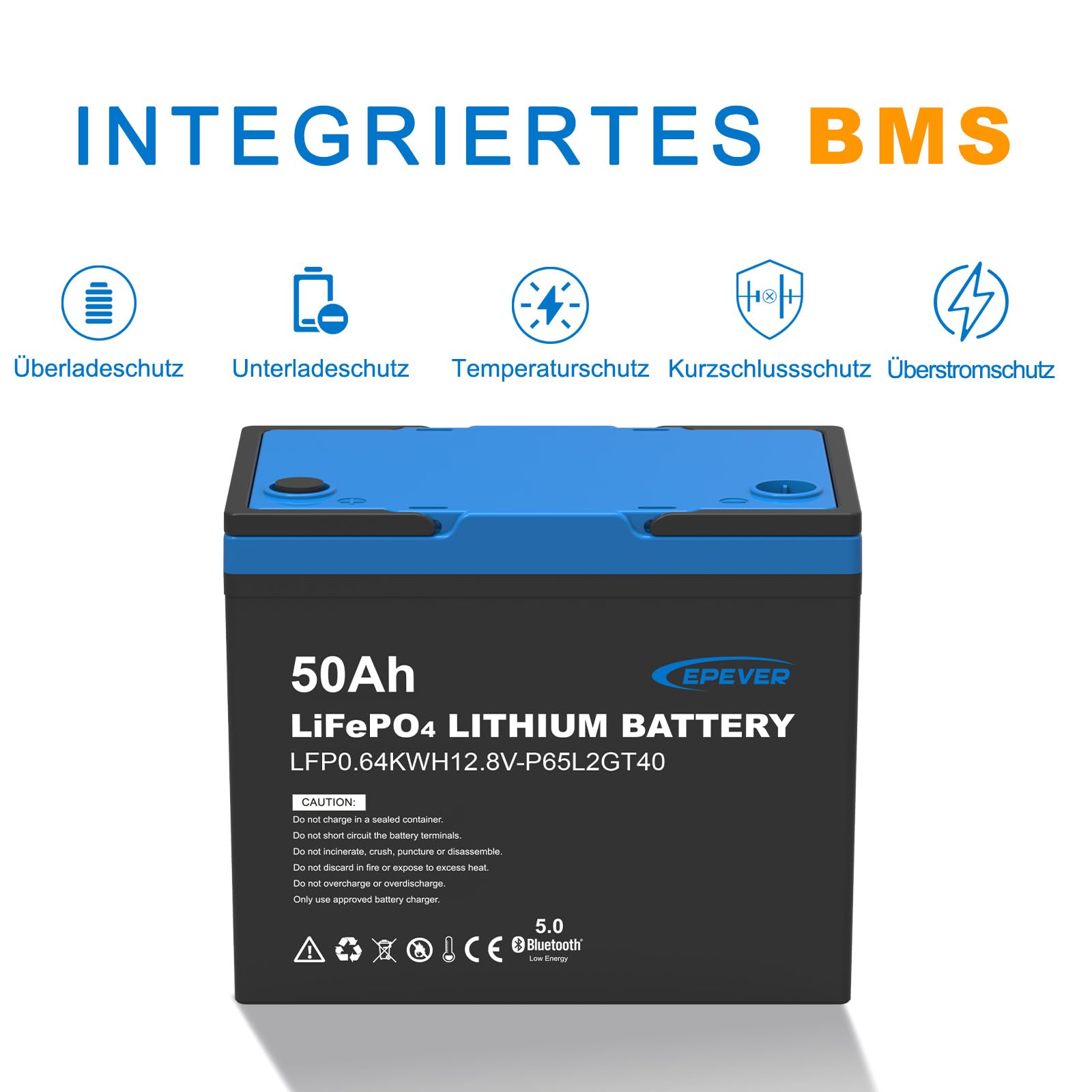 EPEVER Akumulator litowy LiFePO4 12,8 V, 50 Ah z wbudowanym BMS i aplikacją, samoczynne ogrzewanie poniżej 0°C, ogniwa LiFePO4 klasy A, nadaje się do samochodów kempingowych, łodzi, na kemping, do