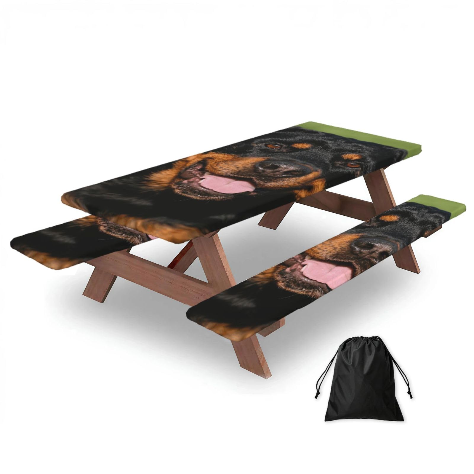 FekiLoot Rottweiler Picnic Table Cover with Bench Covers and Bag, Windproof Waterproof Rectangle Tablecloth with Elastic Edges Fitted Camping Table Covers for Picnic Party Travel