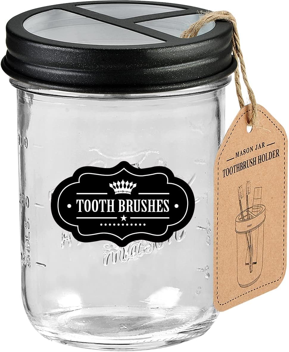 Komashr Mason Jar Toothbrush Holder Black with 16 Ounce