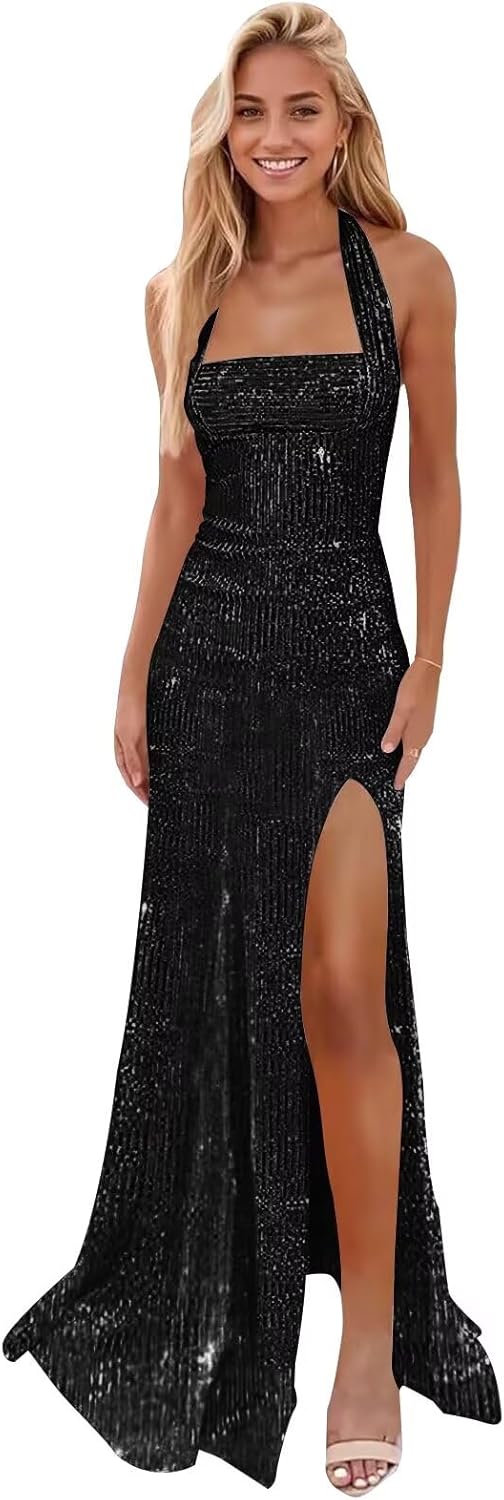 Xijun Women's Halter Sparkly Sequin Prom Dresses Long 2026 Mermaid Formal Evening Party Gowns with Slit