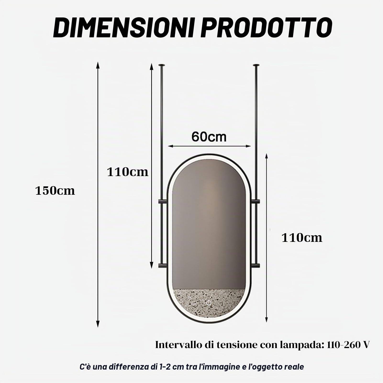 Specchio da soffitto con Luce LED, Specchio Ovale in Metallo Galleggiante, Illuminazione Regolabile in 3 Colori, Adatto per Ingresso, Guardaroba e Decorazione della casa (Nero, 60x110 cm)