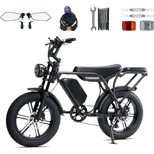 T8 Electric Bike for Adults, 1500/3000W Peak Motor 28MPH 80/120 Miles Fat Tire Moped Style Ebike with Long Range Removable Battery 20" Electric Dirt Bike Suspension Dual Seat and Shimano