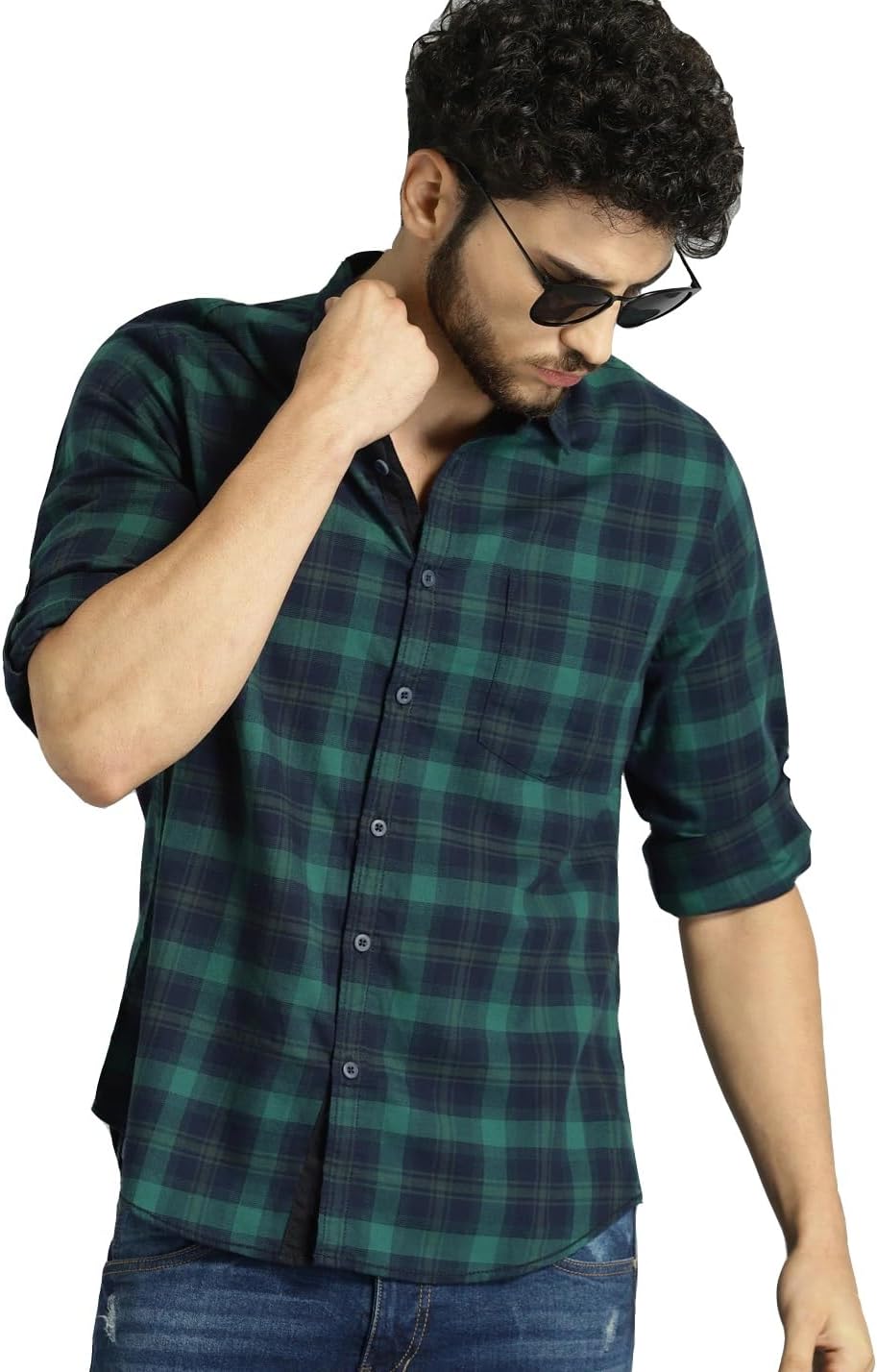 IndoPrimo Men's Cotton Checks Print Shirt with Spread Collared Neck Full Sleeves Regular Fit Curved Hem Length and One Pocket | Shirt for Man