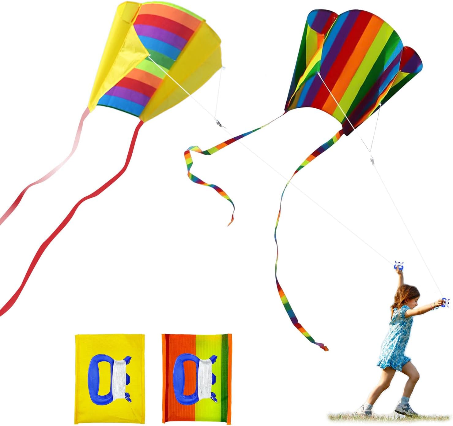 2 Pieces Pocket Kite For Children, Rainbow Kite Kids Adult Colorful Pocket Kite with Long Tail, Easy Flyer Kite, Beach Game Outdoor Activities for Beginner, Gift to Boys Girls