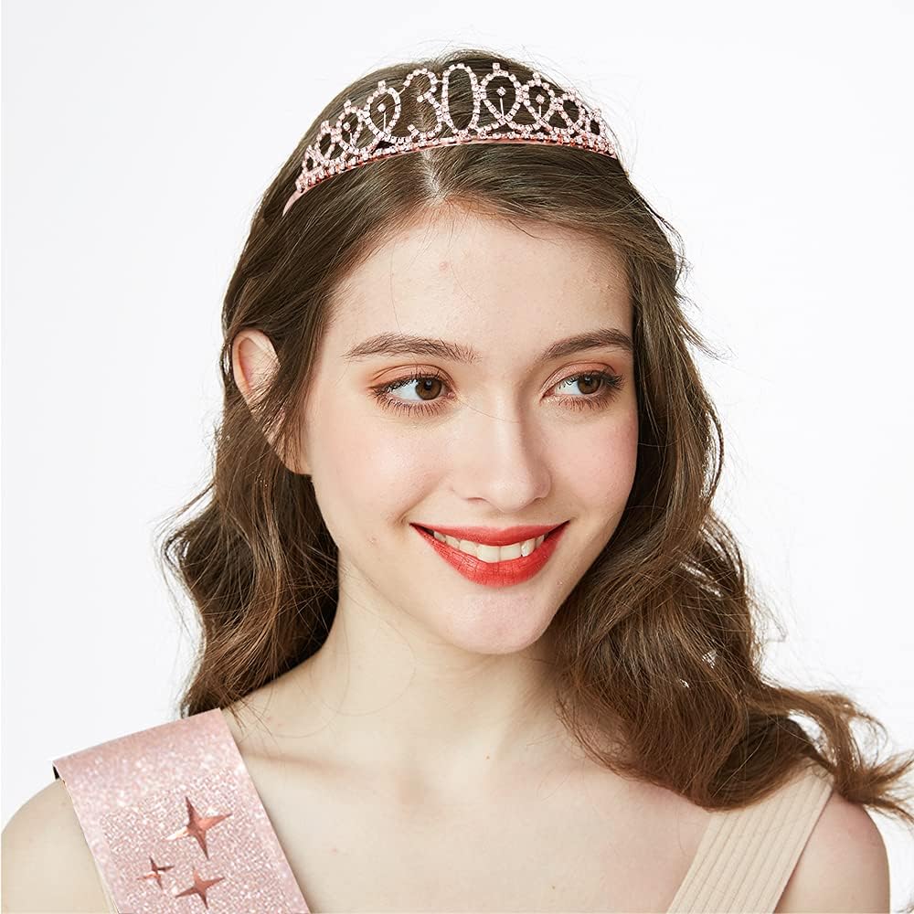 Dirty Thirty Sash & Rhinestone Tiara Set - 30th Birthday Gifts Rose Gold Glitter Birthday Sash for Women Birthday Party Favors - Image 3