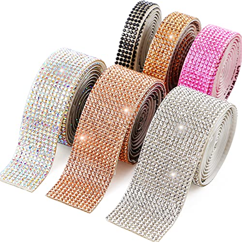 6 Rolls Self Adhesive Rhinestone Ribbon, Bling Wrap DIY Rhinestone Strips, Multi Colored Rhinestone Tape Bling Ribbon, Self Adhesive Gem Strips Crystal Stickers, 6 Yard