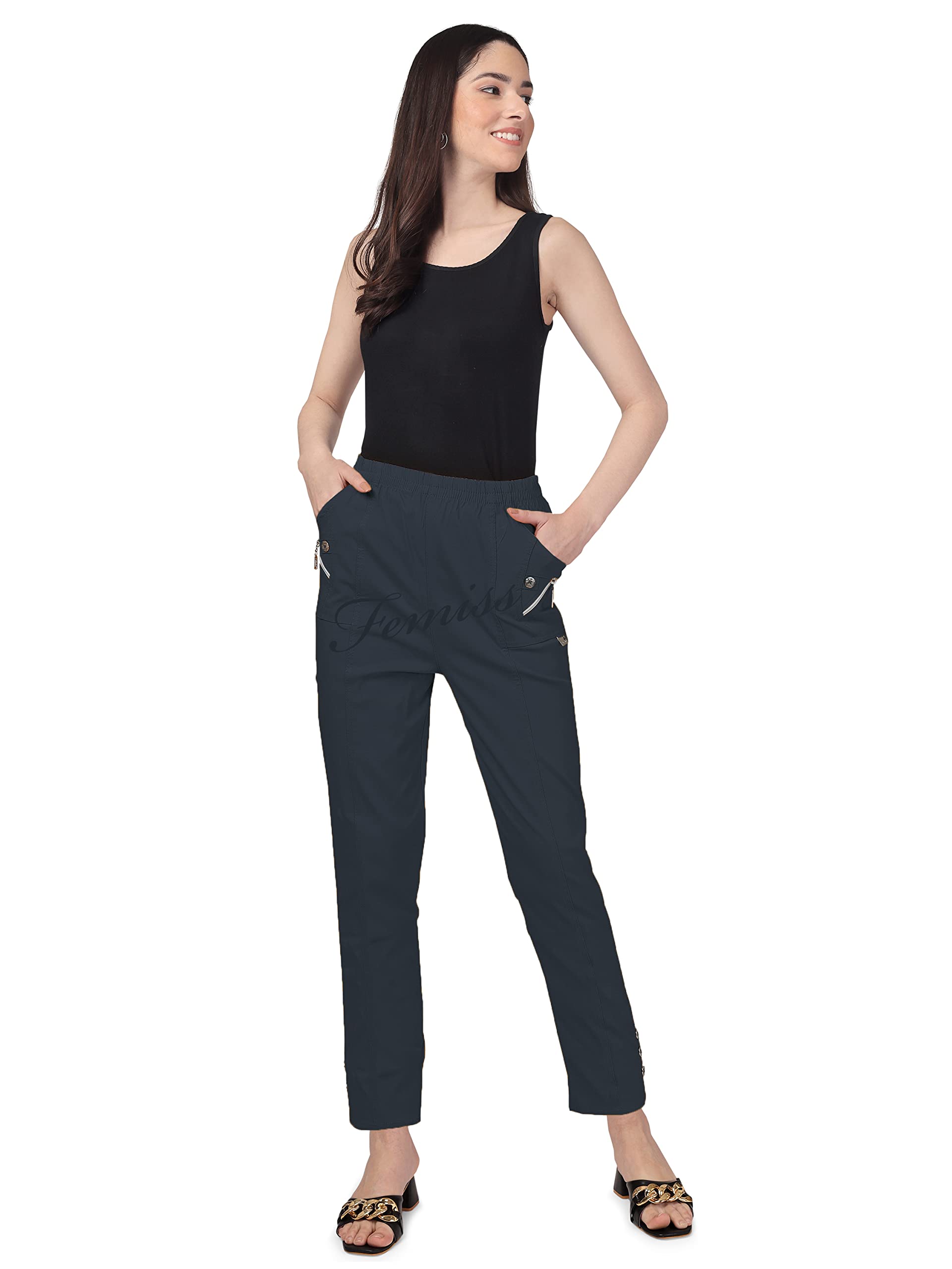 femiss Pantalon élastique taille haute pour femme, coupe décontractée, décontracté, doux, extensible et léger