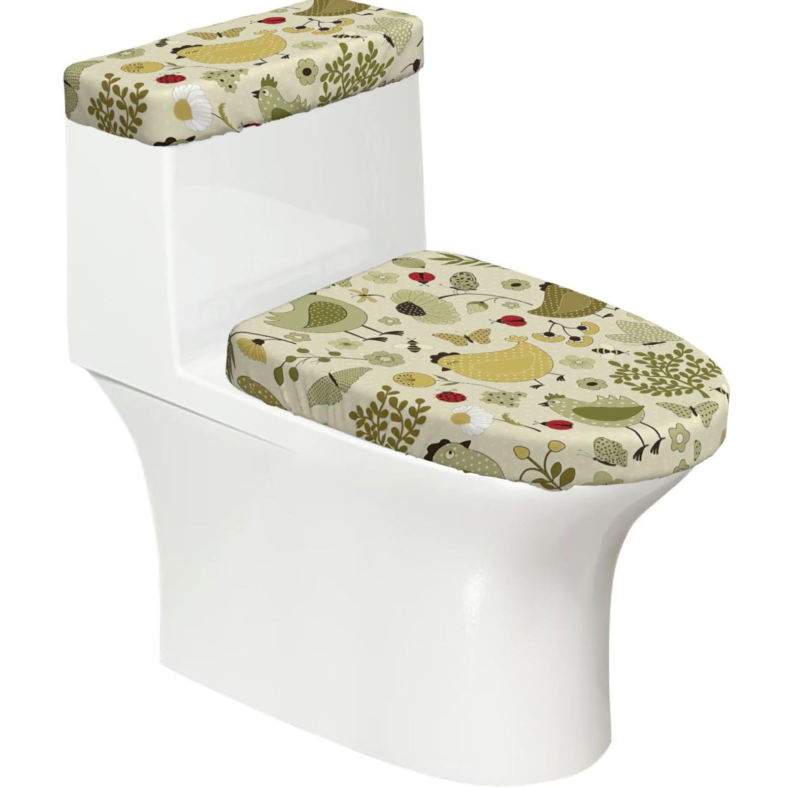 Yellow Leaves Chicken Print Bathroom Decor Toilet Lid Cover And Tank Covers, Restroom Accessories Fits Most Round