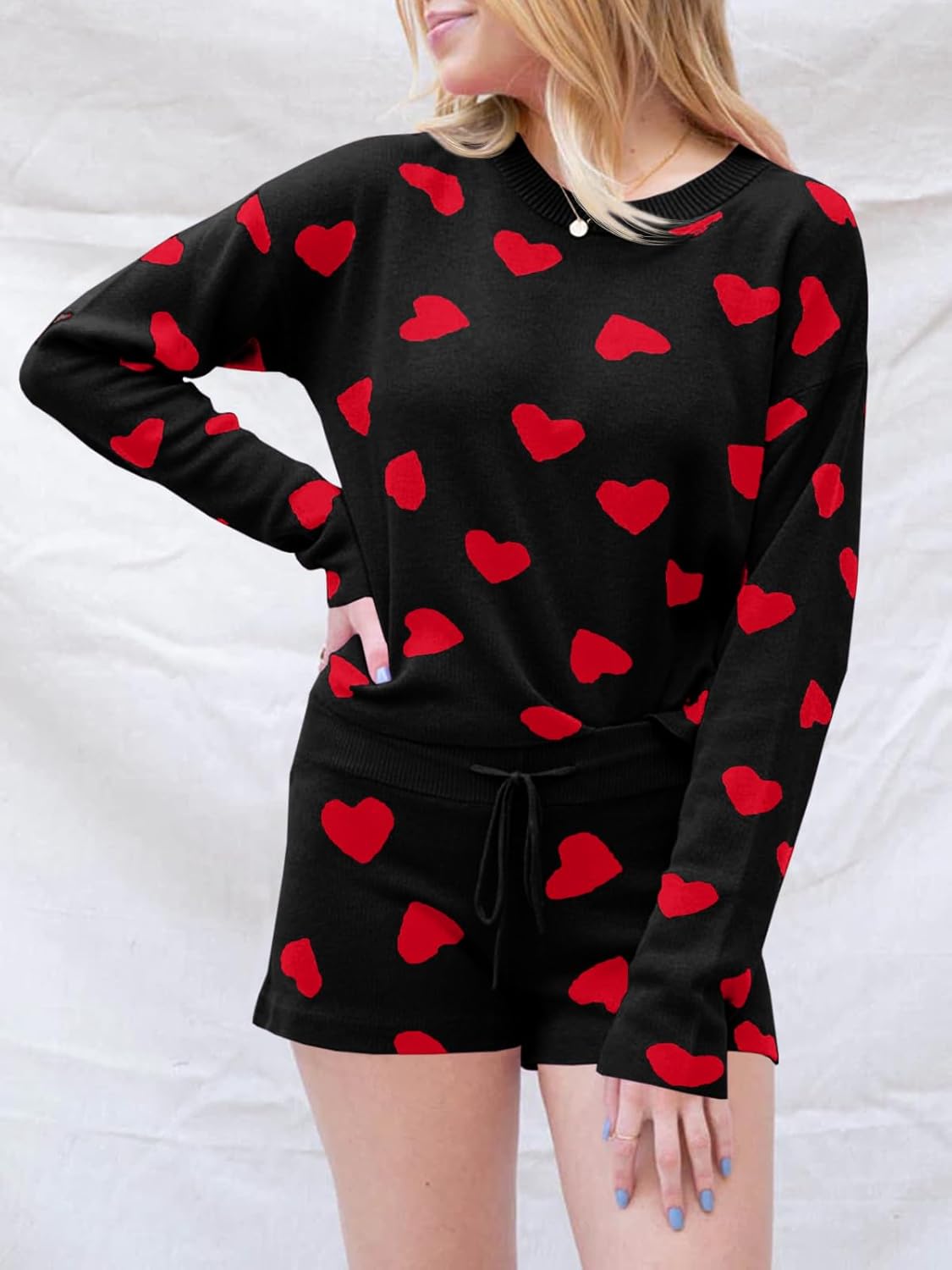 Saodimallsu Womens Valentine's Day Pajama Sets Hearts Print Lounge Set Long Sleeve Sweater and Shorts 2 Piece Outfits - Image 3