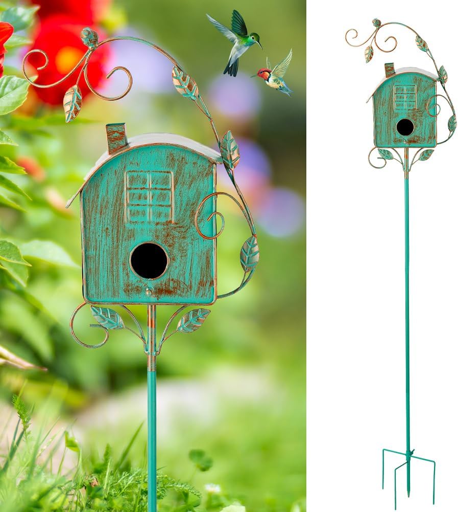 49" Bird Houses for Outside with Pole, Outdoor Metal Birdhouse for Patio, Yard, Garden(Green)