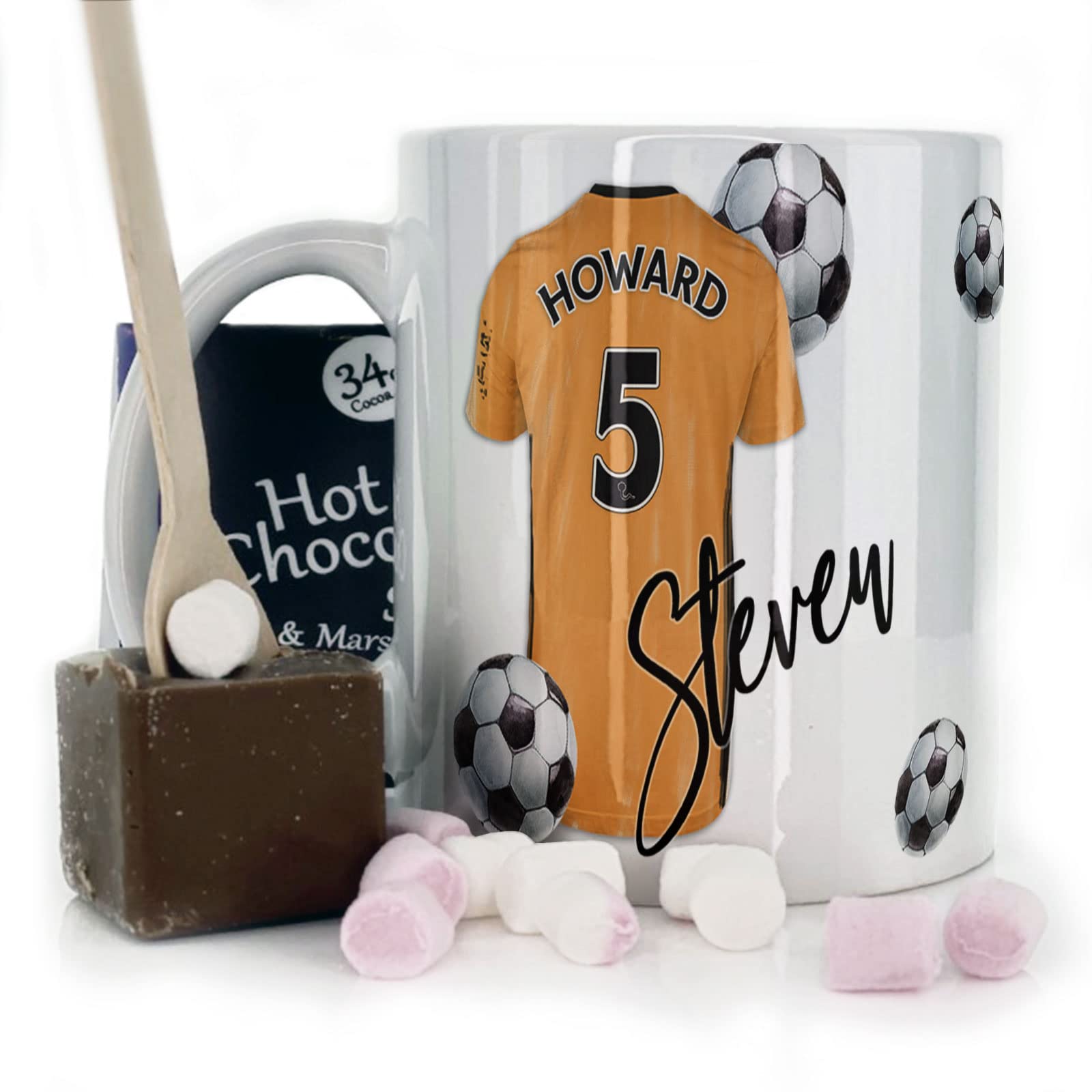 Personalised Mug and Belgian Milk Chocolate/Hot Chocolate Stirrer Marshmallow Gift Set, Customised with Name / Number / Text, (11oz) White, Blue, Black, Pink Mug with Orange and Black Football Shirt โ image 1