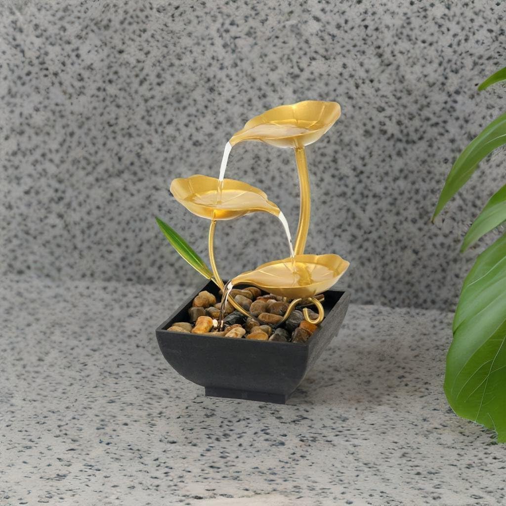 Metal Tabletop Water Fountain by TRIVYOM | Indoor Tabletop Water Fountain Decor 3-Tier Floral Golden Leaf Relaxation Min Fountains | for Home & Office Decoration Circulating Waterfall-image-19