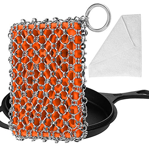 Herda Cast Iron Skillet Cleaner,Upgraded Chainmail Scrubber Set Silicone Insert with Bamboo Fiber Cloth,316 Stainless Steel 3D Chain Metal Scrubber Scraper for Castiron Pan,Griddle,Baking Pan (Orange)