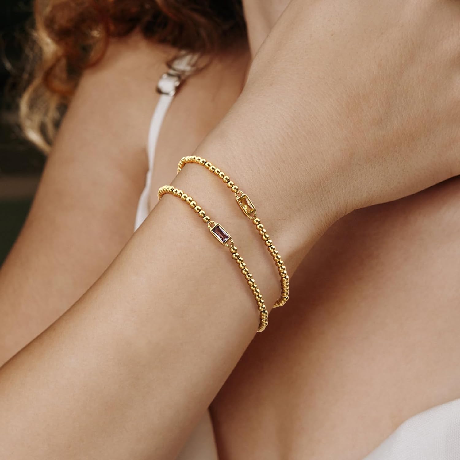 14K Gold Plated Birthstone Bracelet for Women & Teen Girls, Stackable Dainty Jewelry, Non-Tarnish Blue sapphire Green Emerald, Trendy Friendship Bracelet Gift for Mom, Best Friend - Image 4