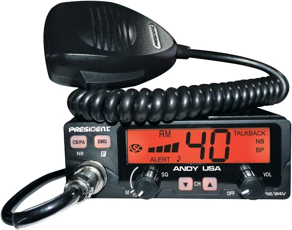 President ANDY Compact AM CB Radio, Multi-functions LCD Display, 7 Wweather Channels, 40 Channels AM, 12/24 Volts, Up/Down Channel Selector, Volume Adjustment and ON/OFF, ANL and NB Filters
