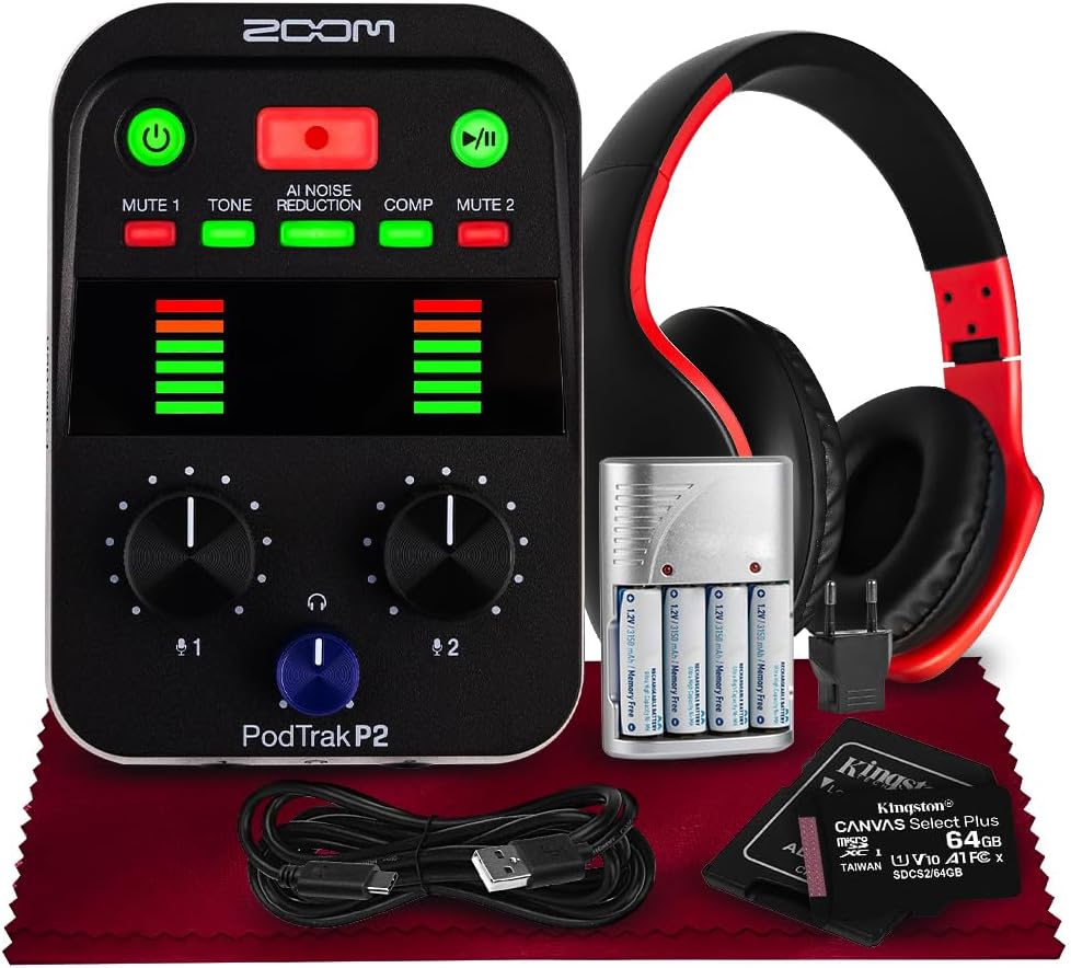 Zoom Podtrak P2 Portable Podcast Recorder – 2 USB Mic Inputs, AI Noise Reduction, 4-Track Recording, Tone & Comp Effects, Dual Headphone Outputs with MicroSD, Headphone, and Rechargeable Batteries