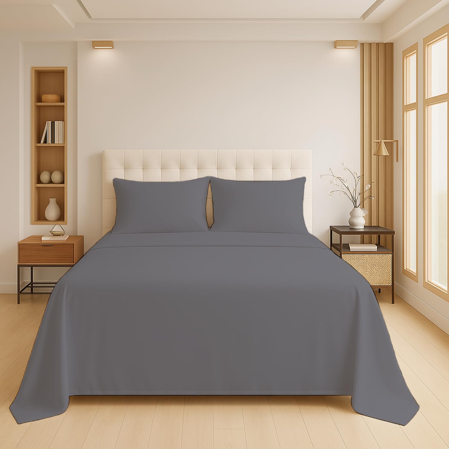 Luxury Flat Sheet Polycotton Plain Dyed Easy-care Non-Iron Bedsheets Parcale Wrinkle-resistant polycotton fabric (50% cotton 50% polyester) (Gray, Super King) โ image 1
