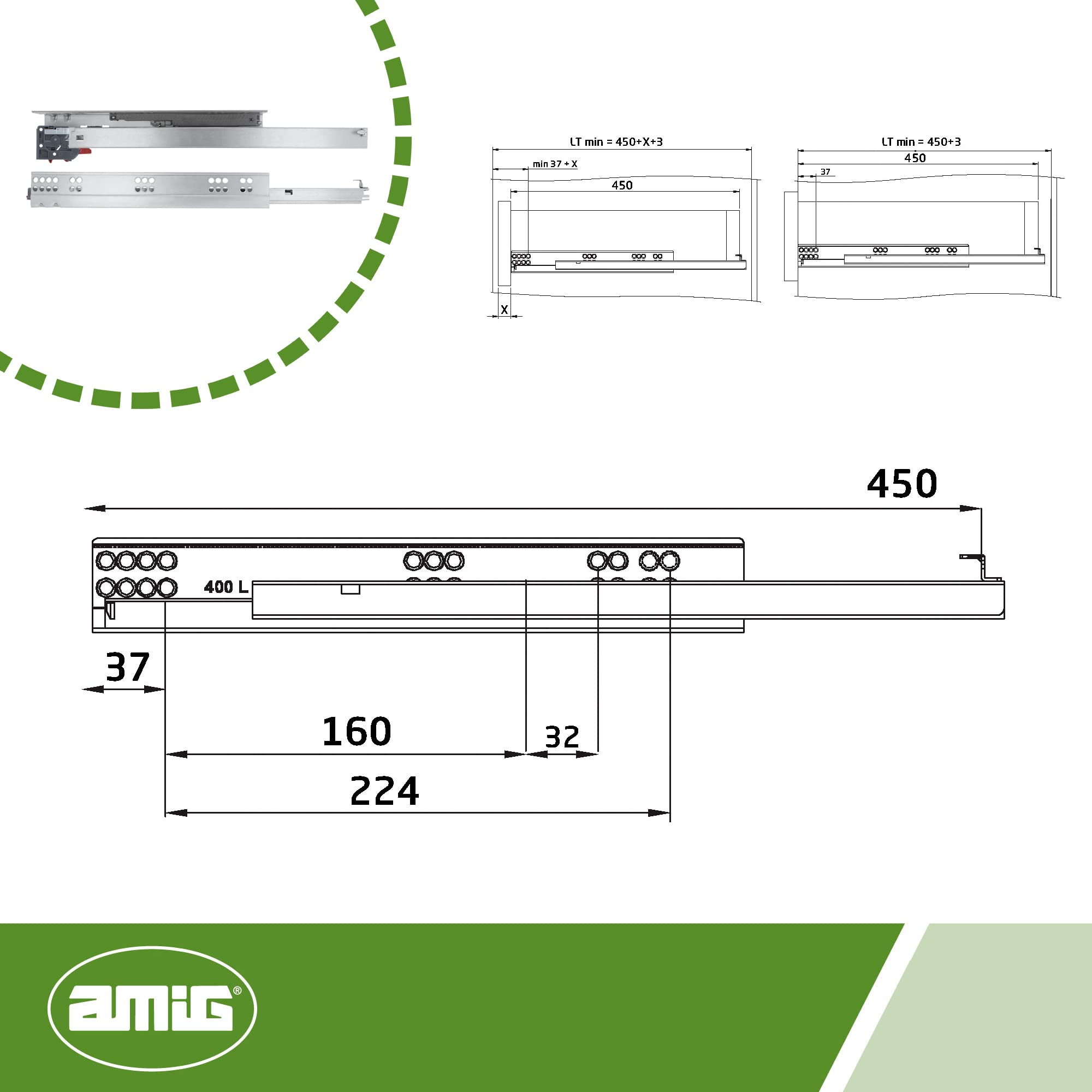 Amig - Set of 2 Zinc Plated Steel Sliding Runners for Furniture Chest of Drawers or Cabinets, Metallic Silver, 450 mm - Image 4