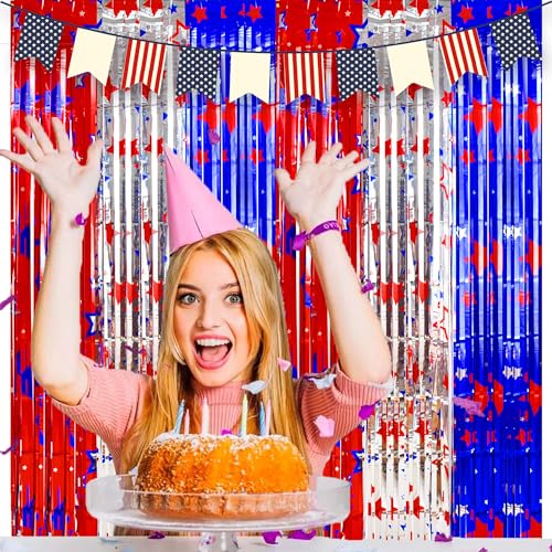 Image of TONIFUL 4th of July Decorations,Red White and Blue Tinsel Foil Fringe Curtains,Independence Day Photo Booth Backdrop,America Star Metallic Door Streamers for Patriotic Party Memorial Day Labor Day