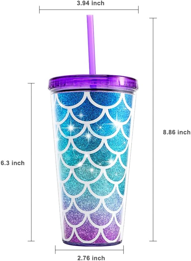 Home Tune Cute Glitter Tumbler Cups with Lid and Straw, Double Wall Insulated Acrylic Cup, 22 oz / 650ml (Mermaid) - Image 5