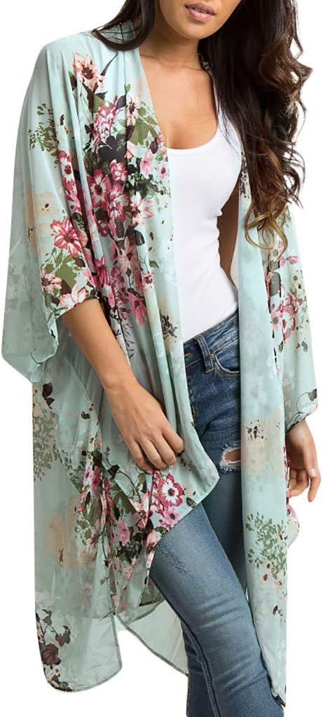Women Cardigan Floral Print Chiffon Shawl Kimono Top Loose Plus Size Shirt Coat Bohemia Long Shirt Blouse (L, Green)