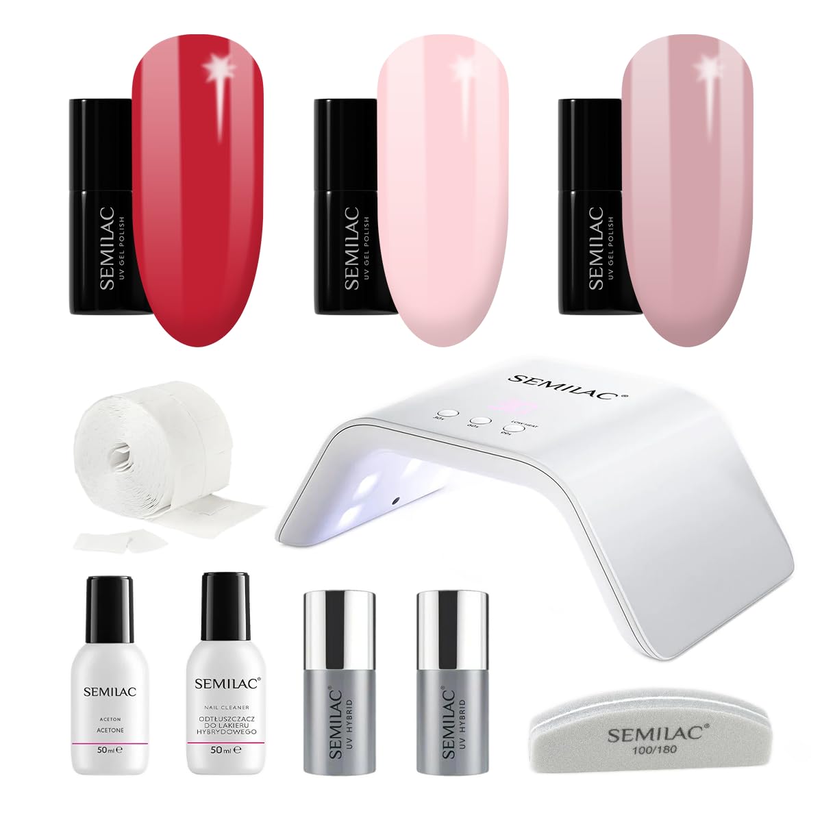 Semilac Try Me - Kit professionale per unghie in gel per principianti – 3 smalti gel per unghie UV, top coat e base, strumenti per manicure e altro ancora – Nude