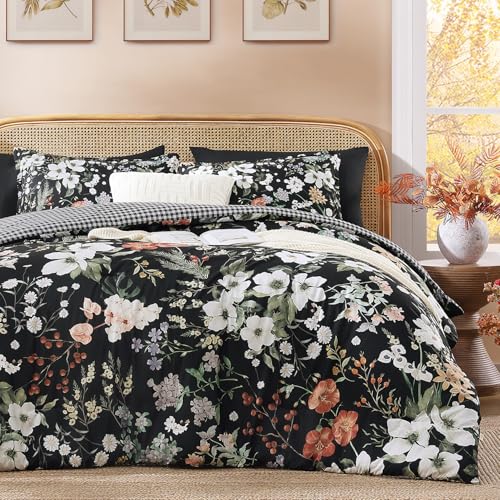 Image of Andency Queen Size 7 Piece Reversible Bed in a Bag - Botanical Floral & Gingham Comforter Set, Farmhouse Vintage Rustic Comforter,Black