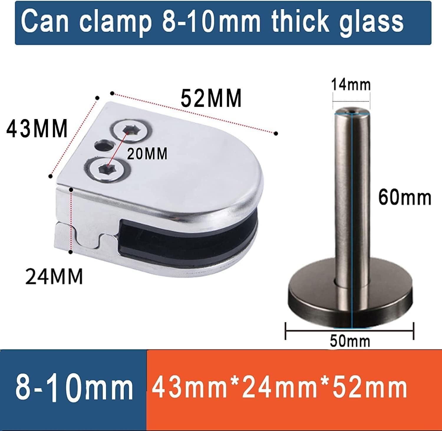 Glas-Befestigungsschelle, Glaszapfen, 4 Stück Zapfenklemmen mit Stützstange, verstellbare Halterungen, Clips, Bodenbefestigungen aus Edelstahl