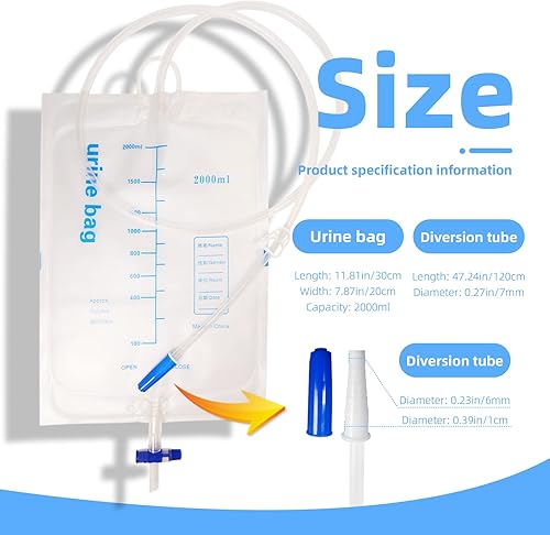Miniatura 7 de Bolsas de drenaje urinario, 67.6 fl oz, tubo extra grande de longitud extra, bolsas de drenaje médico de emergencia unisex, válvula antirreflujo,