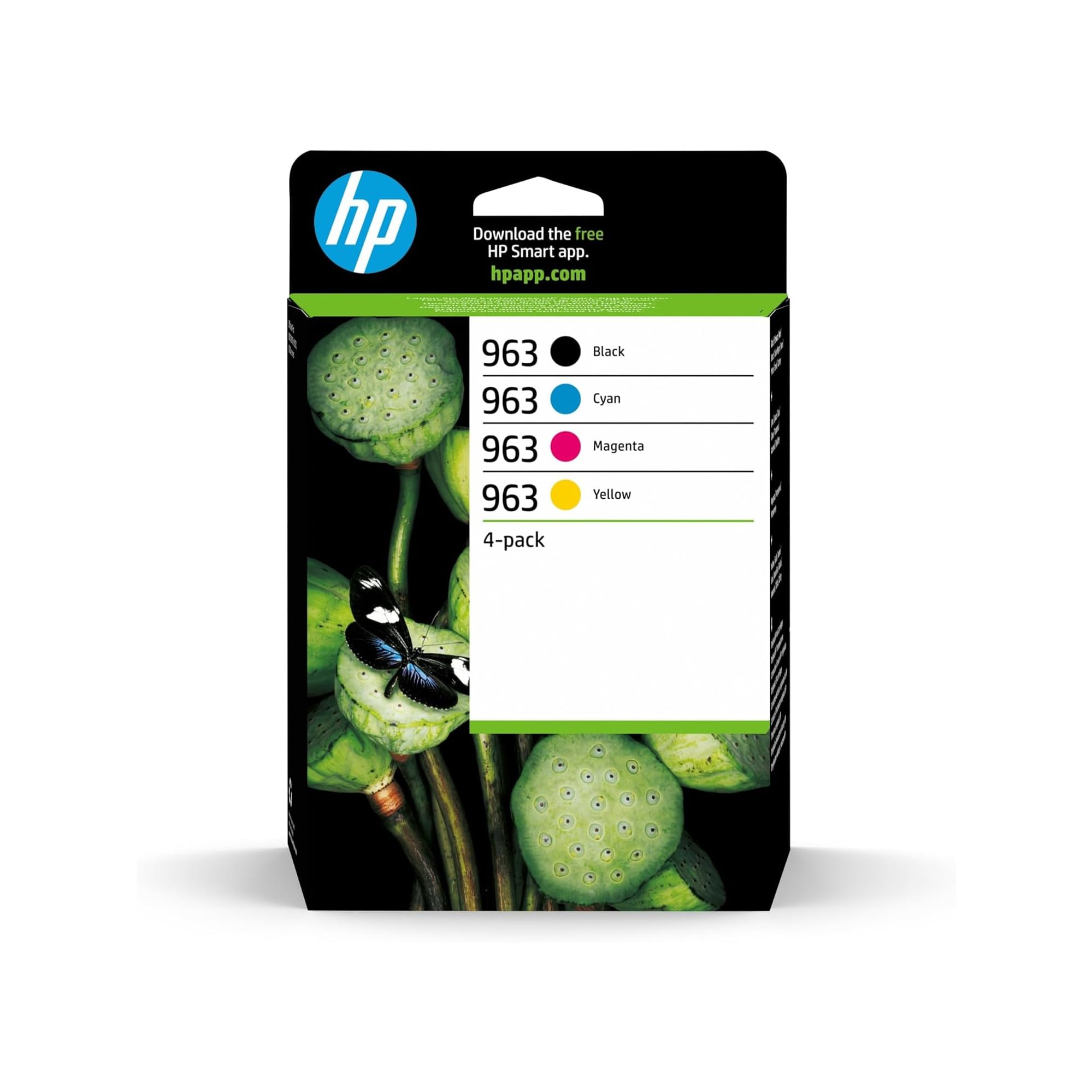 HP 963 6ZC70AE, Negro, Cian, Magenta y Amarillo, Cartuchos de Tinta Originales, Pack de 4, para impresoras HP OfficeJet Pro Serie 9000 All-in-One ECOLOGO