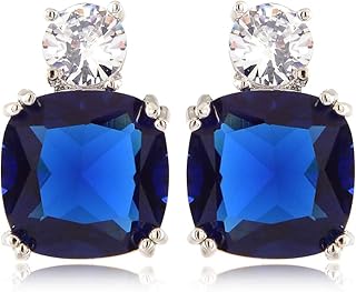 [RIZILIA CLASSIC] Stud Pierced Earrings with Cushion Cut Gemstones CZ [Multi-Colors available] in 18K White Gold Plated, Simple Modern Elegant