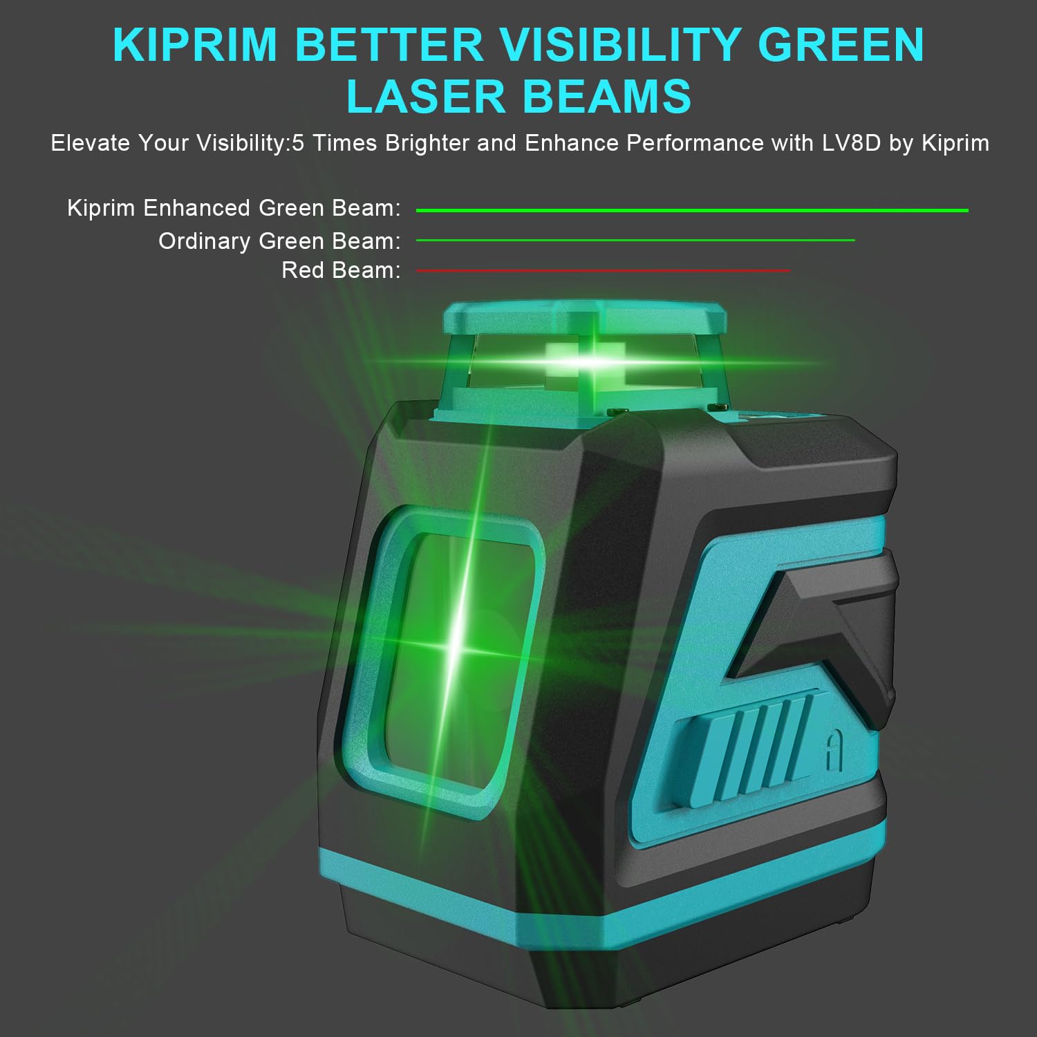 Nivel Láser, Kiprim LV8D Laser Autonivelante Verde con 3 Modos(Autonivelación, Manual y de Pulso), 5 Líneas Láser, Tiene Mayor Visibilidad y Brillo Ajustable, Pilas y Estuche de Transporte Incluidos