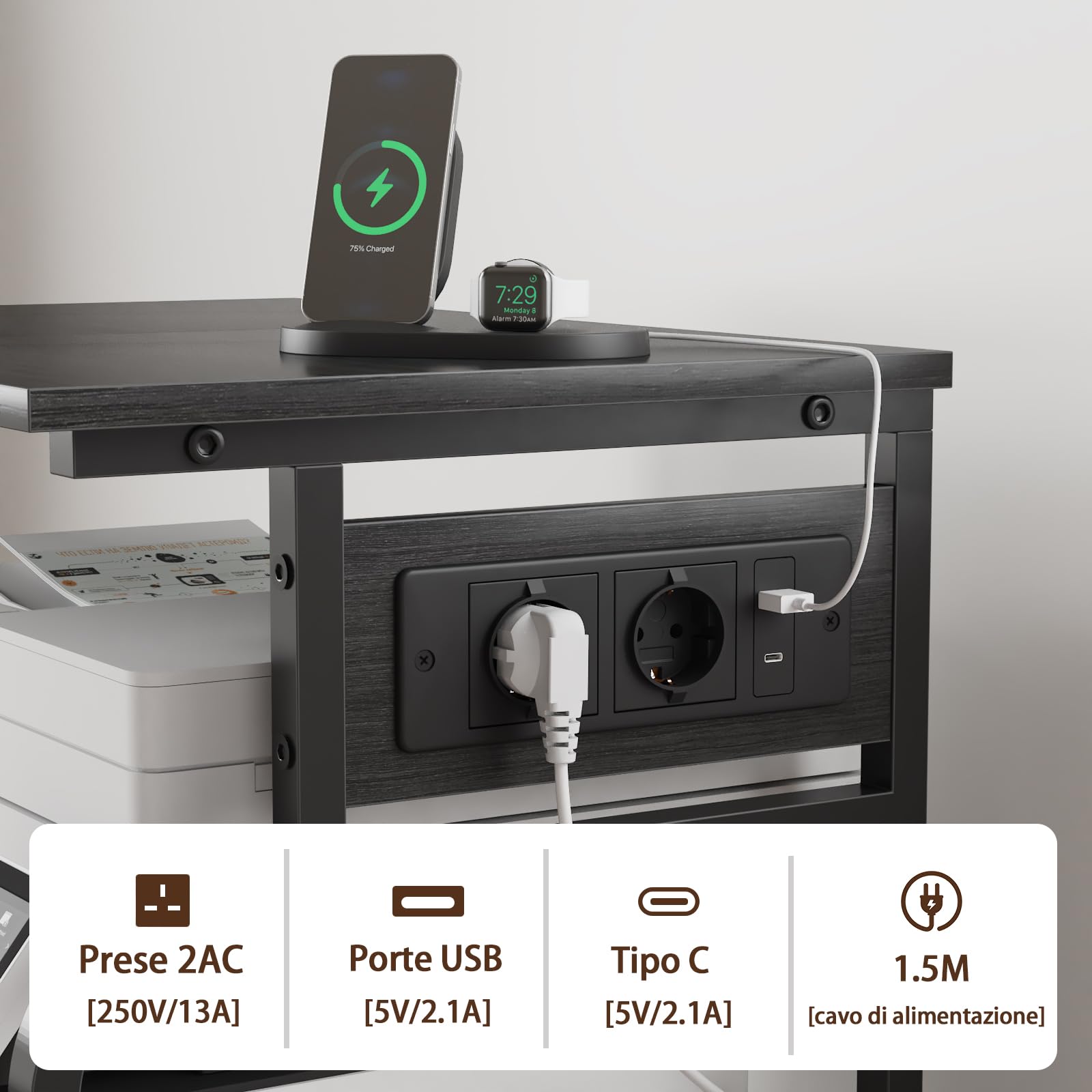 Supporto per Stampante a 3 Livelli con Prese USB e Ruote – Carrello Porta Stampante, Mobiletto da Terra, Mobile per Stampante 3D, Supporto Stampante e Tavolo per Stampante, Nero