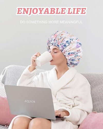 Miniatura 6 de Aquior Gorro de ducha impermeable de doble capa para mujer, gorro de ducha grande reutilizable para todas las longitudes de cabello con forro de