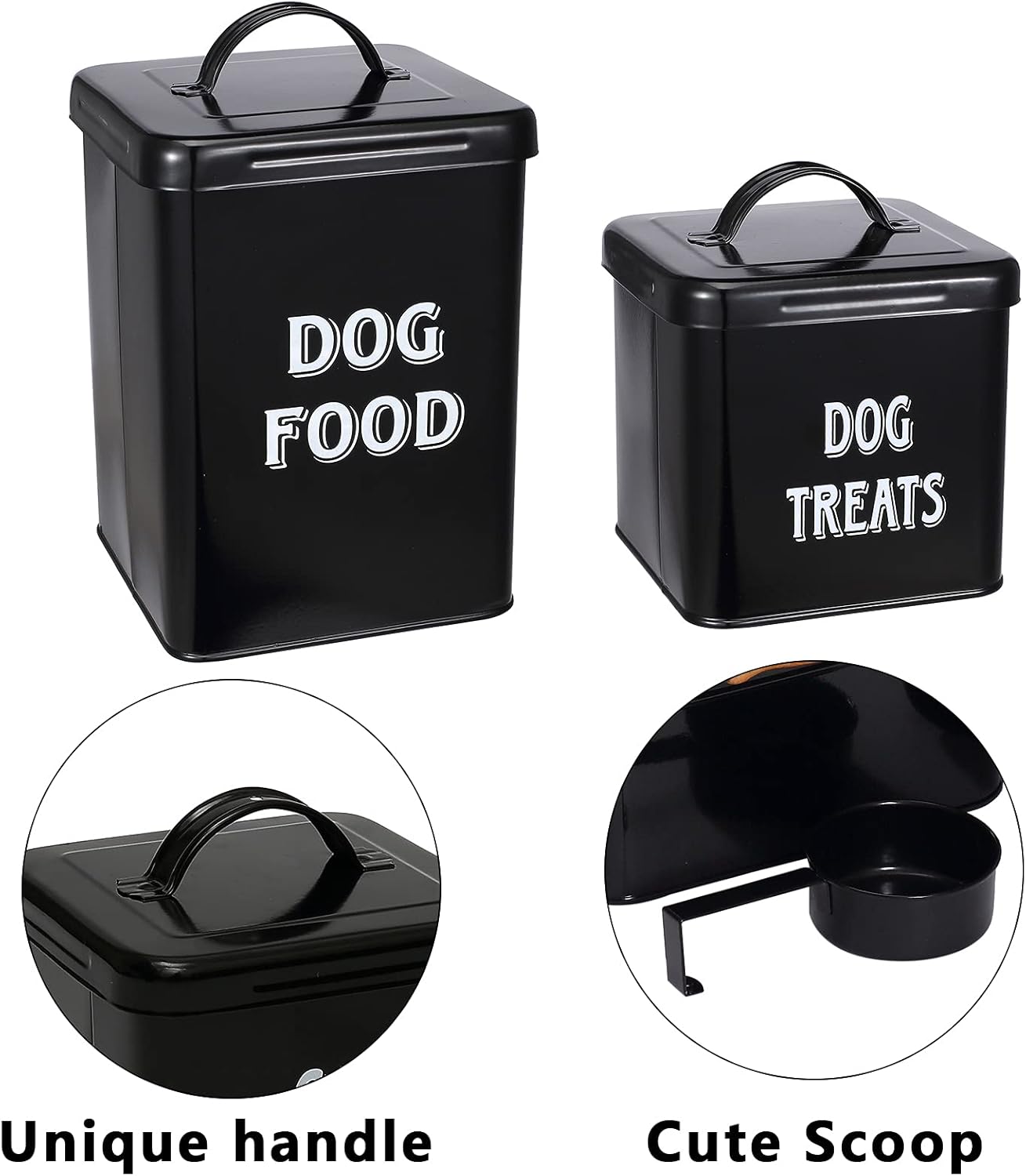 Morezi Dog Food Storage Container Farmhouse Pet Food Treats Holder with Lid and Scoop, Perfect Sturdy Canister Tins for Kitchen Countertop, Shelf, Great Gift for Pet Owners, 5 lbs Capacity - Black
